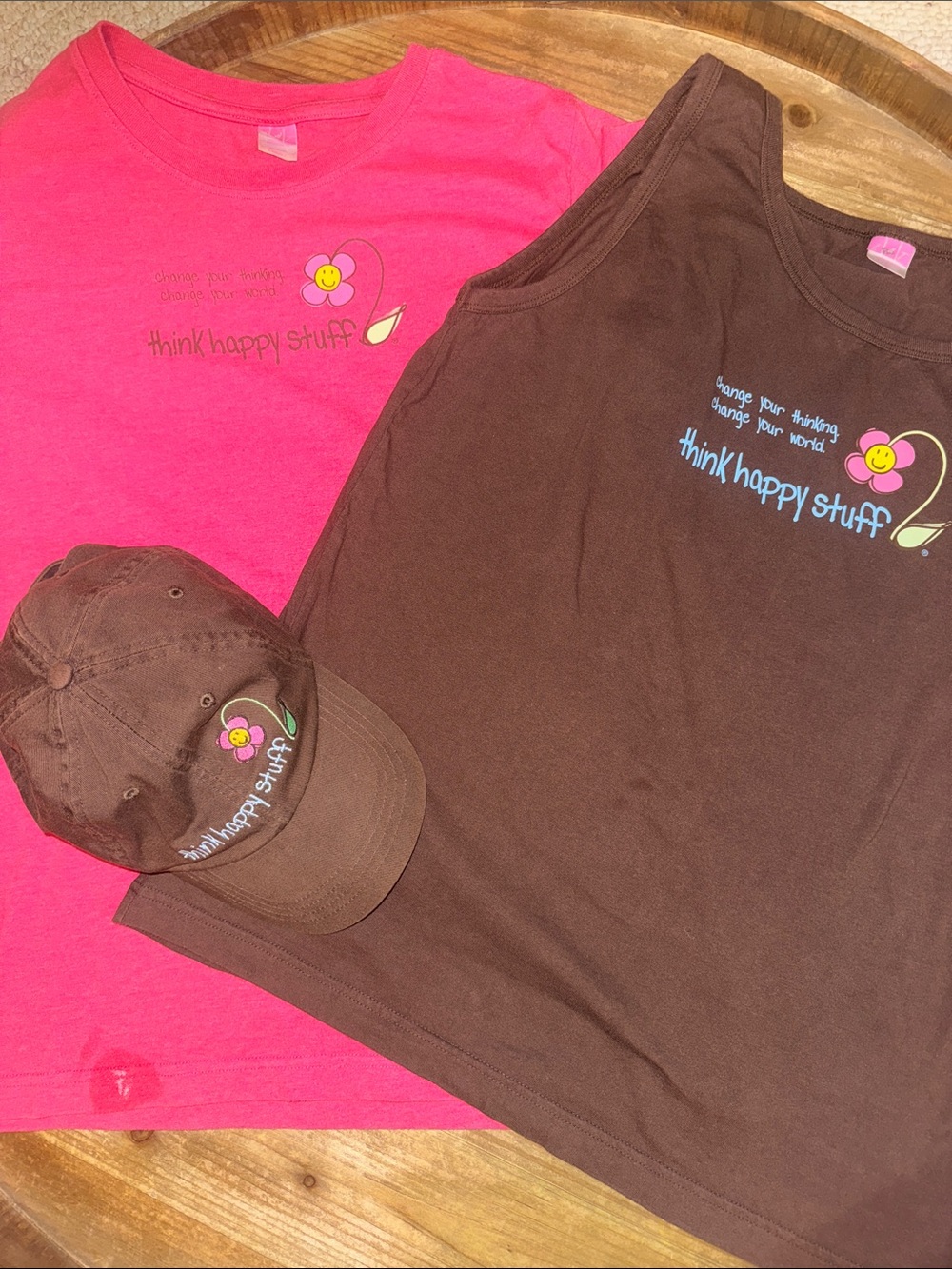 Think Happy Stuff women’s Pink Tee, Brown and pink Tank Top & matching hat